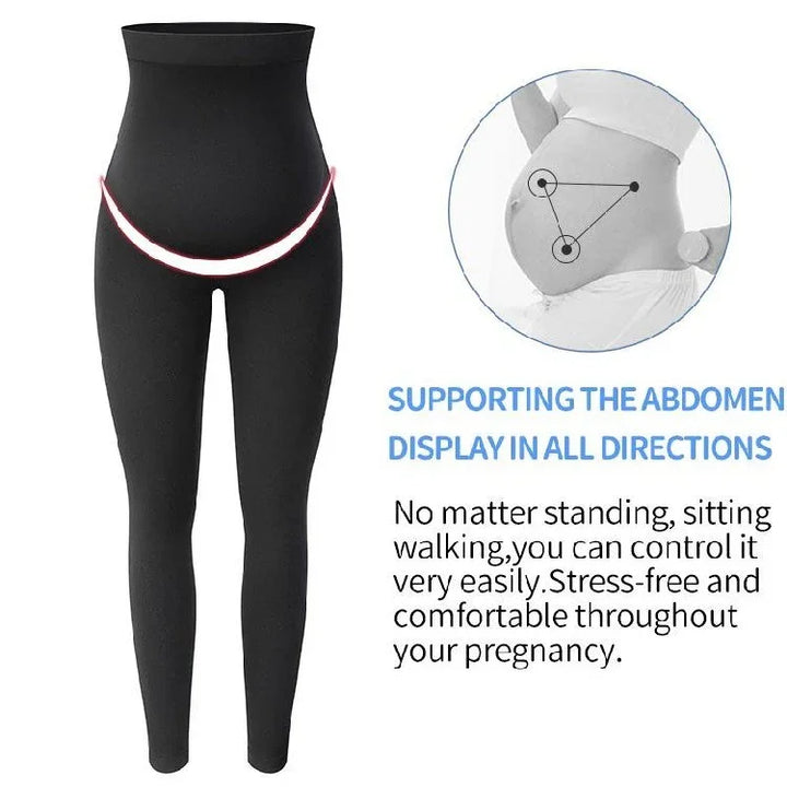 Black maternity leggings with highlighted abdominal support area and diagram showing pregnancy comfort and multi-directional support