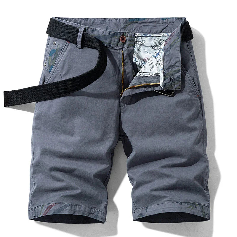gray men's casual shorts with black belt and patterned inner waistband