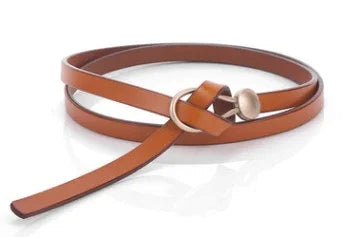 brown leather wrap belt with silver buckle on white background