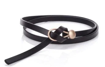 Black leather thin belt with gold round buckle on white background