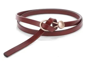 Brown leather belt with a gold round buckle displayed on white background