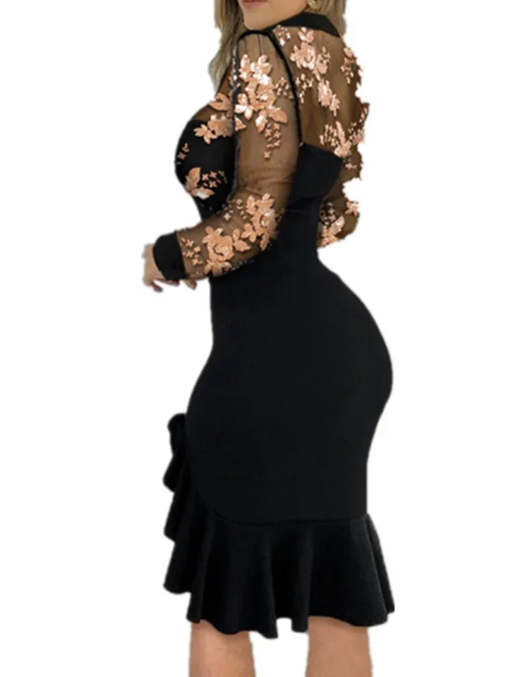 Black bodycon dress with sheer floral embroidered sleeves and ruffled hem detail
