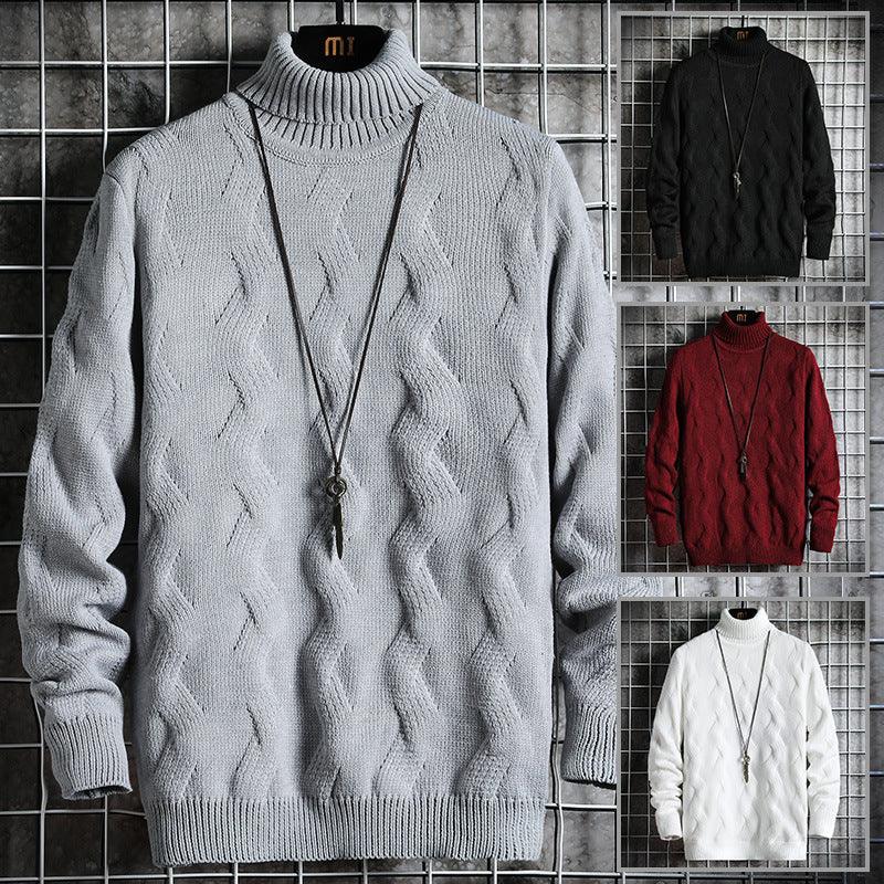 Men's knitted turtleneck sweaters in gray, black, red, and white with zigzag pattern and pendant necklace