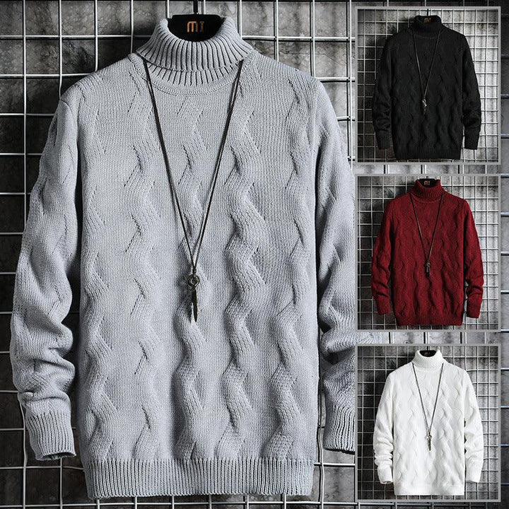 Men's knitted turtleneck sweaters in gray, black, red, and white with zigzag pattern and pendant necklace