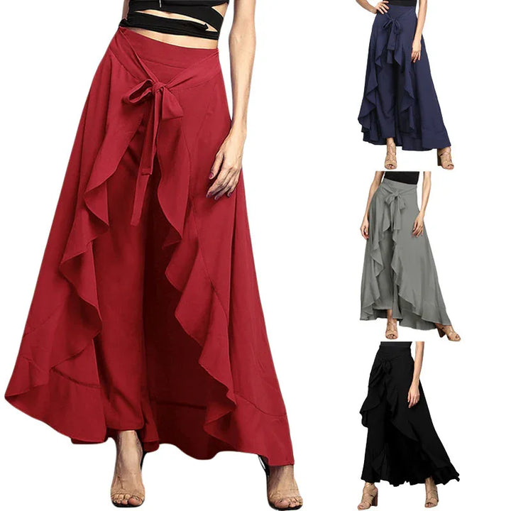 Women’s ruffle overlay wide leg pants with waist tie in red, navy, gray, and black colors