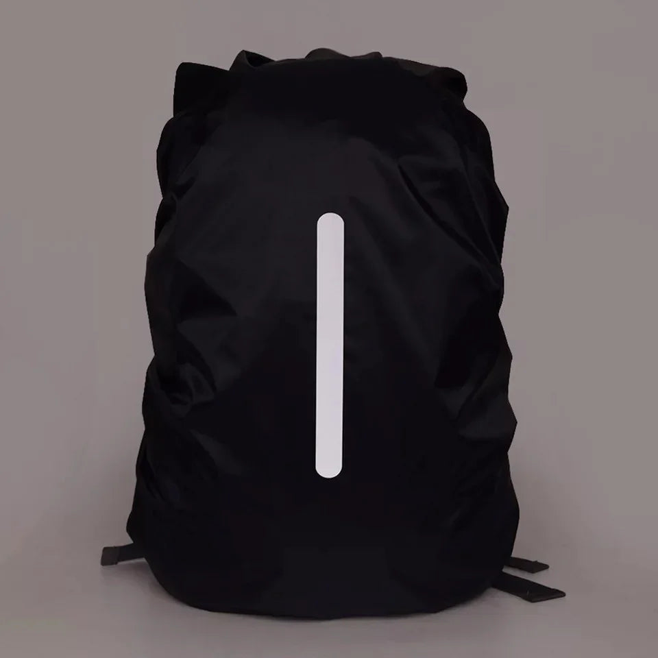 Black backpack with reflective vertical stripe on neutral background