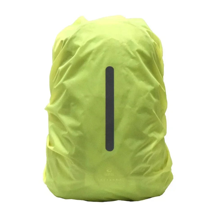 Bright yellow backpack rain cover with reflective strip on white background