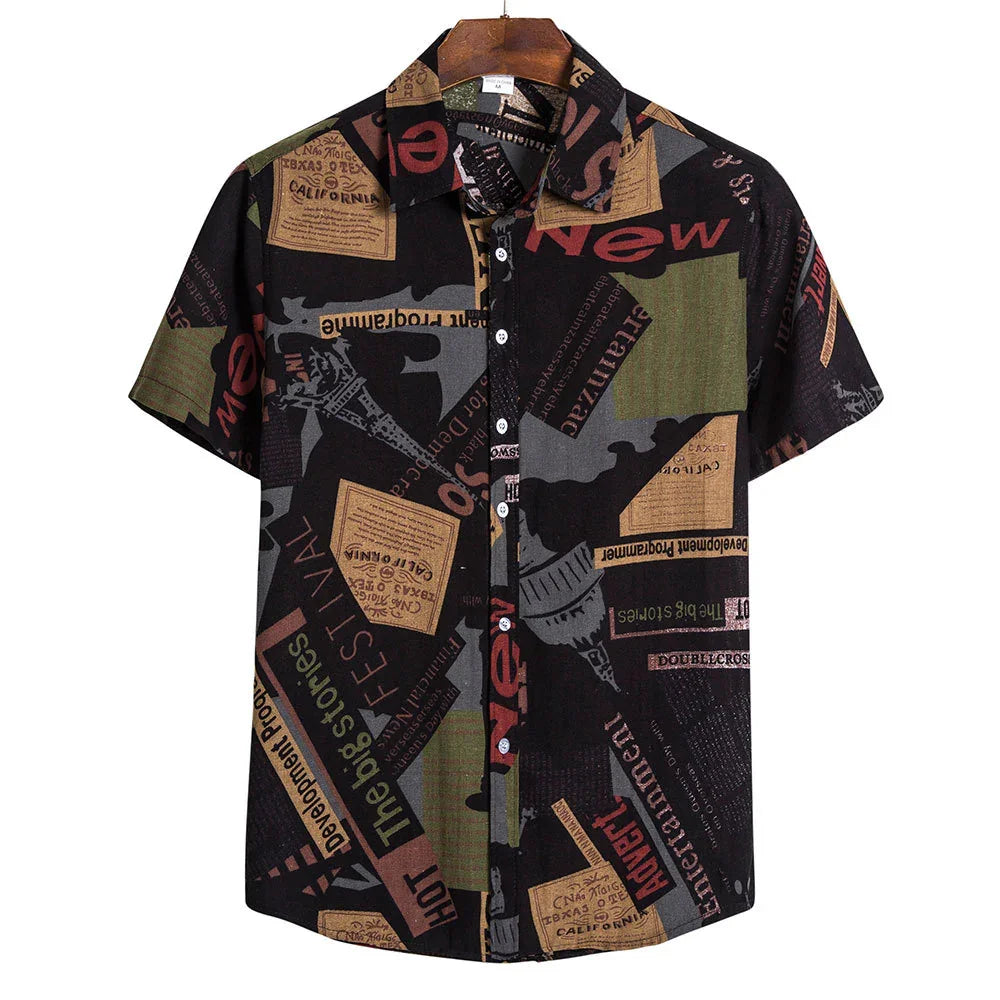 Men's short sleeve button-up shirt with black, green, and brown newspaper print design