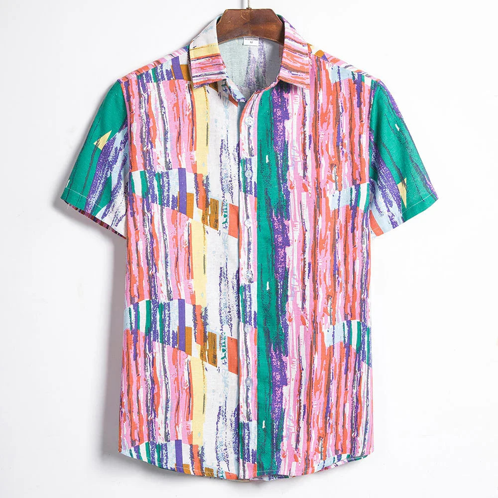 Men's short sleeve button-up shirt with colorful abstract vertical stripes print