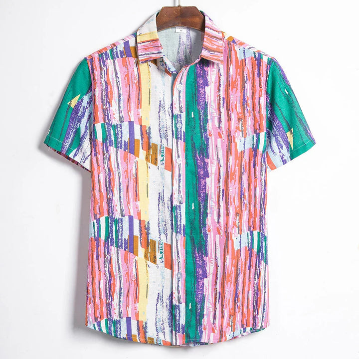 Men's short sleeve button-up shirt with colorful abstract vertical stripes print