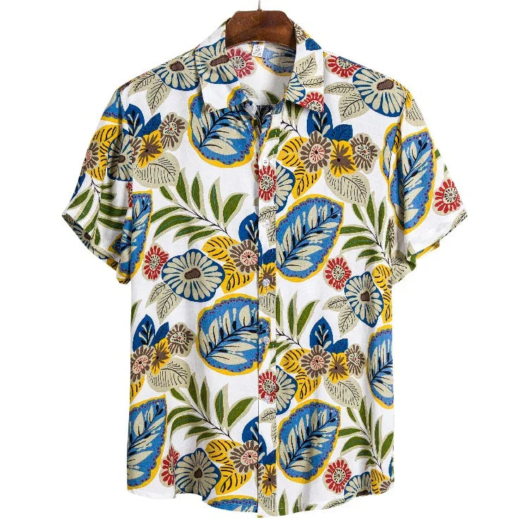 Colorful short-sleeve button-up shirt with blue, yellow, red floral and green leaf pattern