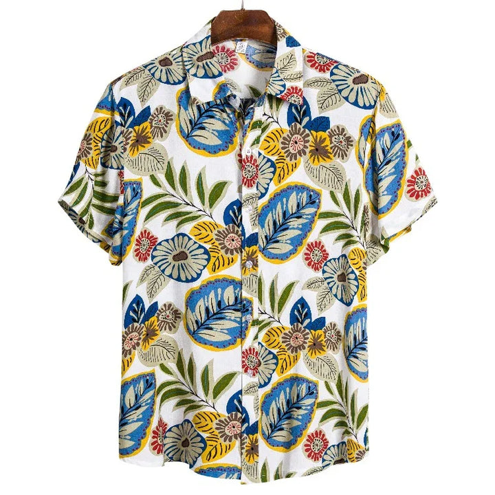 Colorful short-sleeve button-up shirt with blue, yellow, red floral and green leaf pattern