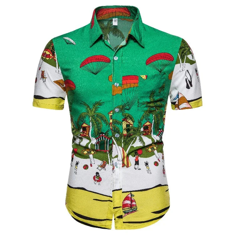 Men's short sleeve button-up shirt with vibrant beach scene print, palm trees, parachutes, and sailboats