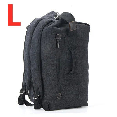 Large black fabric backpack with multiple zippered compartments and adjustable shoulder straps
