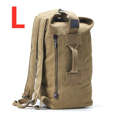 Large khaki canvas backpack with side zipper and top handles against white background