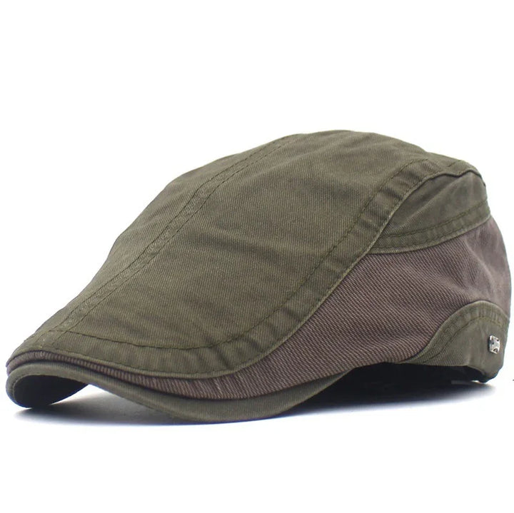 Olive green and brown cotton flat cap with curved brim and stitched detailing