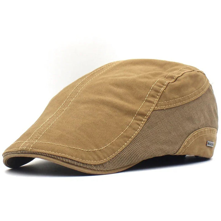 Brown cotton flat cap with detailed stitching, classic men's casual hat