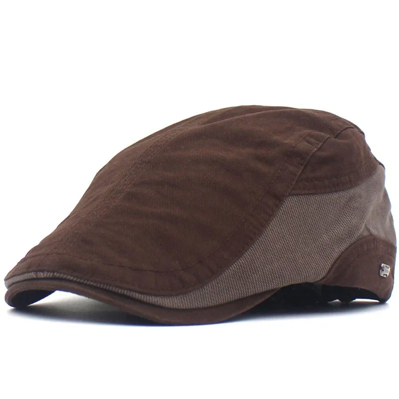 brown and beige flat cap made of cotton fabric, classic men's fashion hat with a curved brim