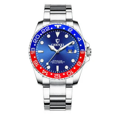 CHENXI men's stainless steel watch with blue dial and red-blue 24-hour bezel