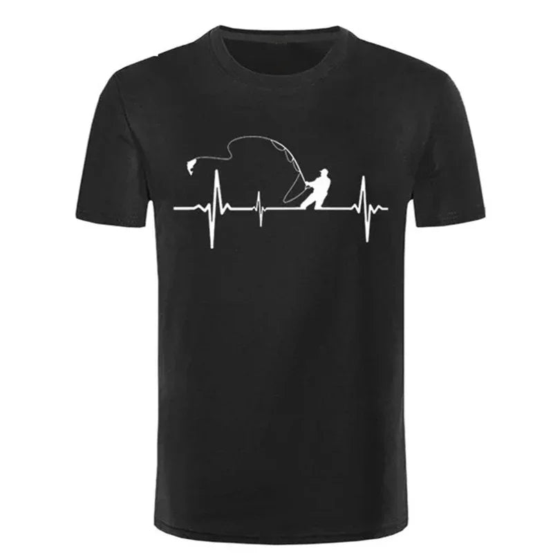 Black t-shirt with white graphic of a fisherman and heartbeat line design
