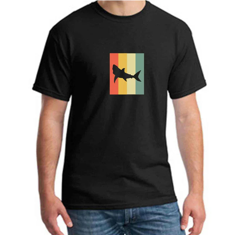 Black t-shirt with retro vertical stripes and a shark silhouette graphic on the front