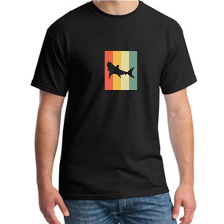 Black t-shirt with retro vertical stripes and a shark silhouette graphic on the front