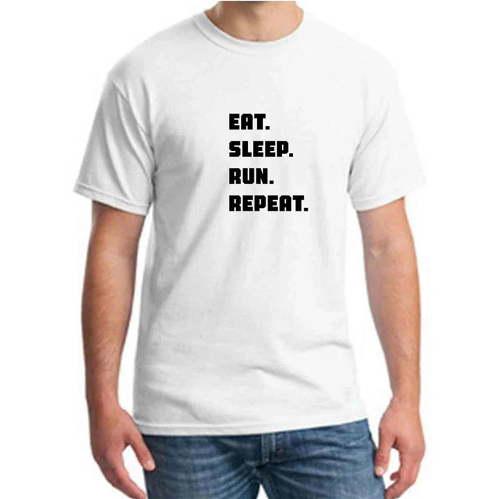 White t-shirt with black text Eat. Sleep. Run. Repeat. worn by male model with jeans