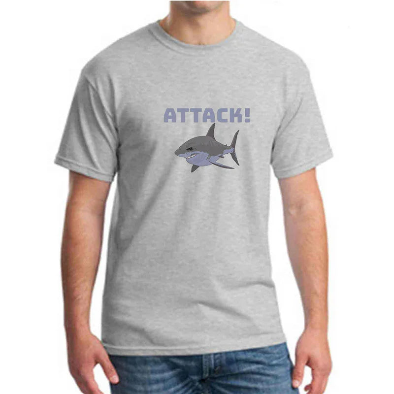 Gray t-shirt with a graphic of a fierce shark and text 'ATTACK!' in blue on front