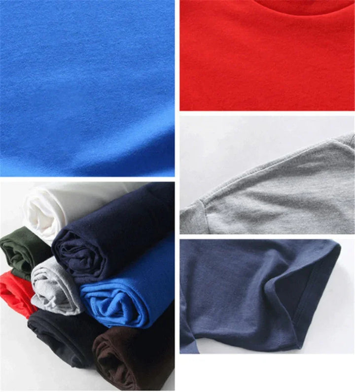 Close-up and rolled view of cotton fabric t-shirts in various colors including blue, red, gray, white, green, and black