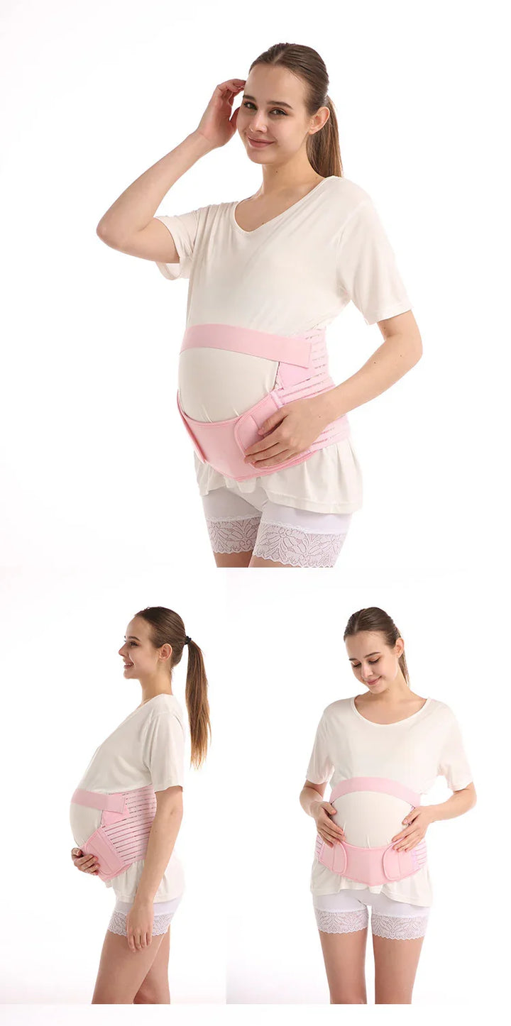 Pregnant woman wearing white shirt and lace shorts with a pink maternity support belt in various poses