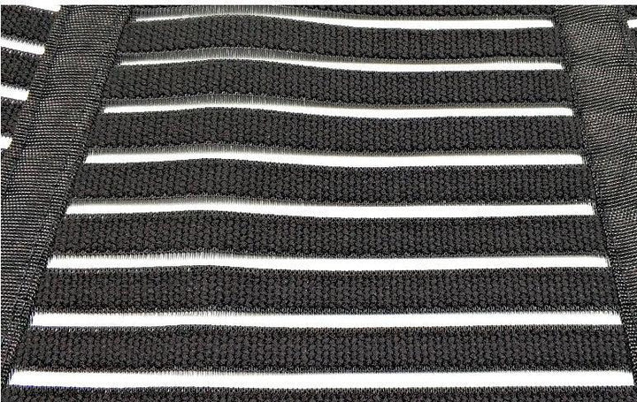 Close-up of black nylon straps woven in horizontal rows on a structured frame, durable webbing design