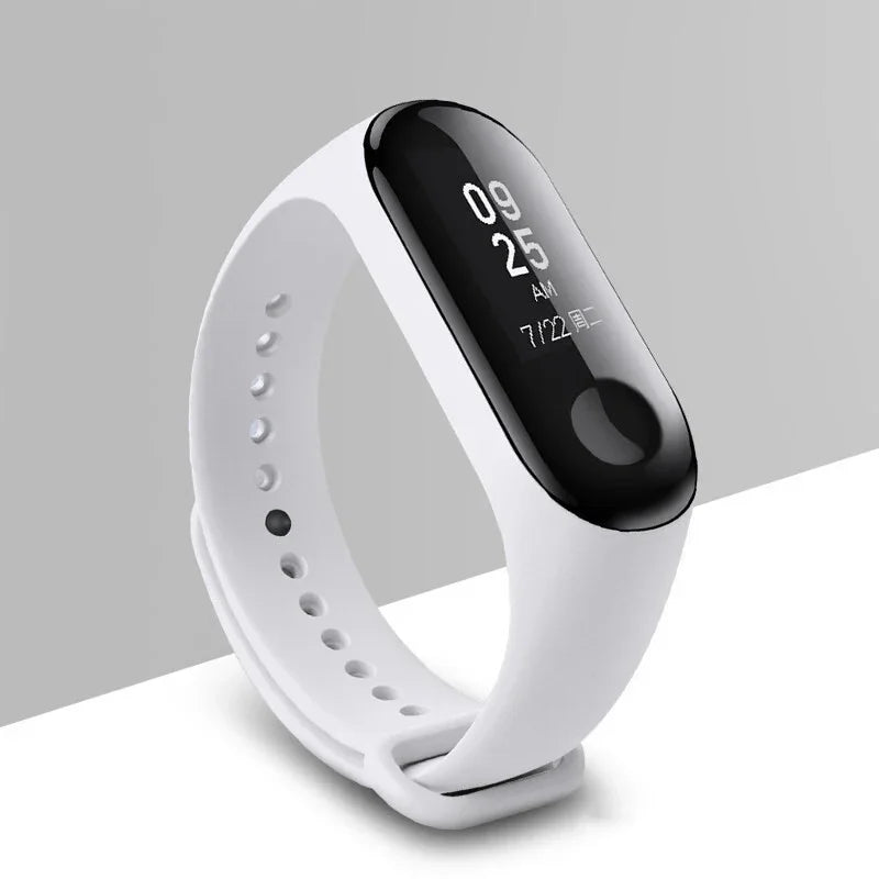 White fitness tracker wristband with black curved screen displaying time and date on gray background