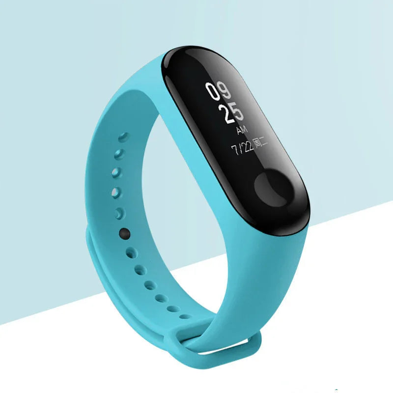Blue fitness tracker wristband with black digital display showing time and date