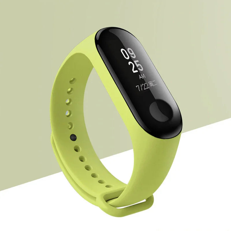 Modern yellow fitness tracker wristband with black digital display showing time and date
