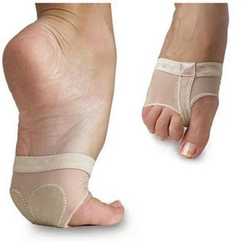 Pair of beige half foot socks with padded heels and open toes for dance or yoga