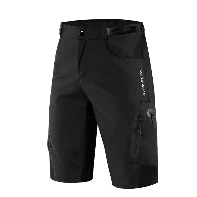 Black WOSAWE men's cycling shorts with zipper pockets and adjustable waistband.