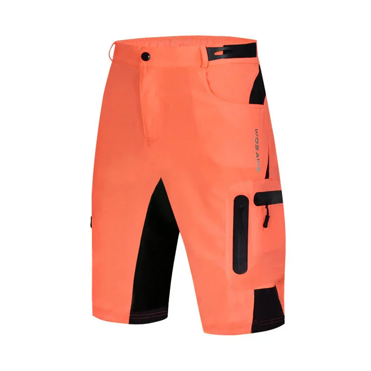 Men's orange and black mountain bike shorts with zip pockets and button waist