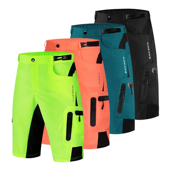 Four WOSAWE men's cycling shorts in neon yellow, orange, teal, and black with zipper pockets