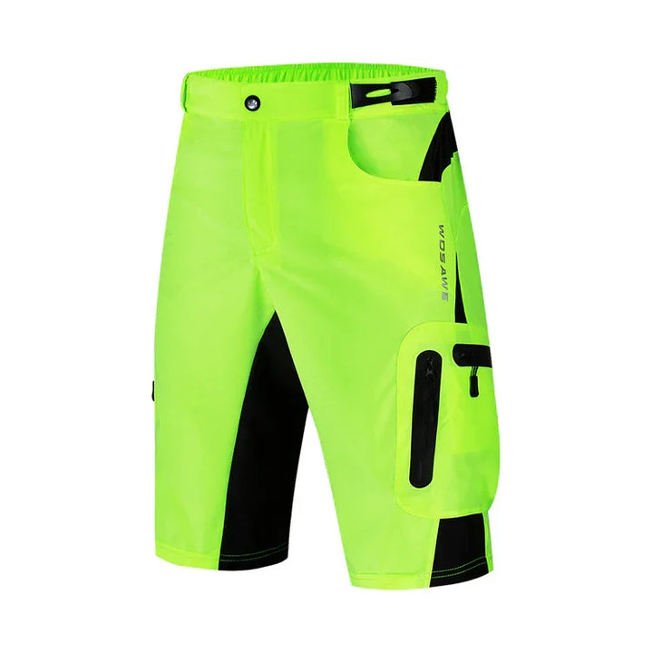 Neon yellow cycling shorts with black accents, zipper pocket, and adjustable waistband