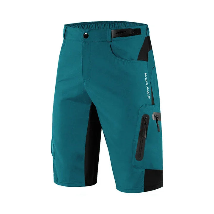 Men's teal cycling shorts with zippered pocket and 'WOSAWE' logo, black accents