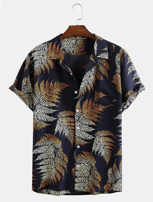Men's short sleeve black Hawaiian shirt with orange and white fern leaf print, button-up front