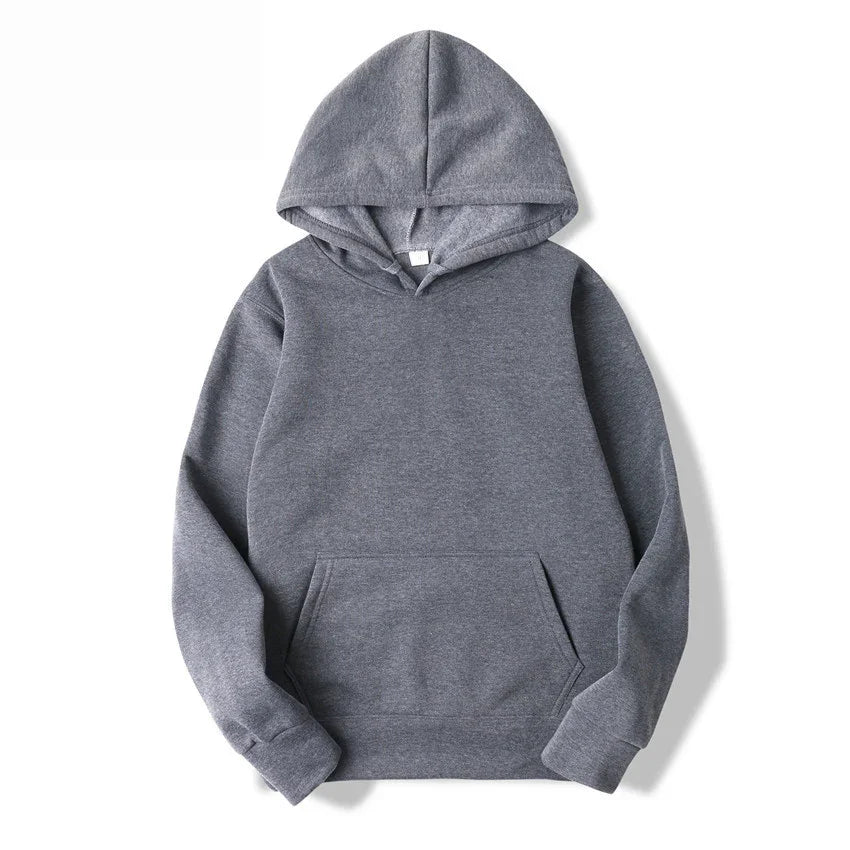 Plain grey hoodie with front kangaroo pocket and drawstring hood on white background