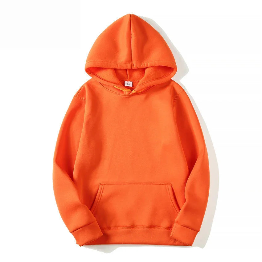 Bright orange hoodie with front kangaroo pocket and medium size label on white background