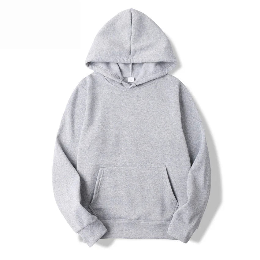 Plain light gray hooded sweatshirt with front pocket and long sleeves on white background