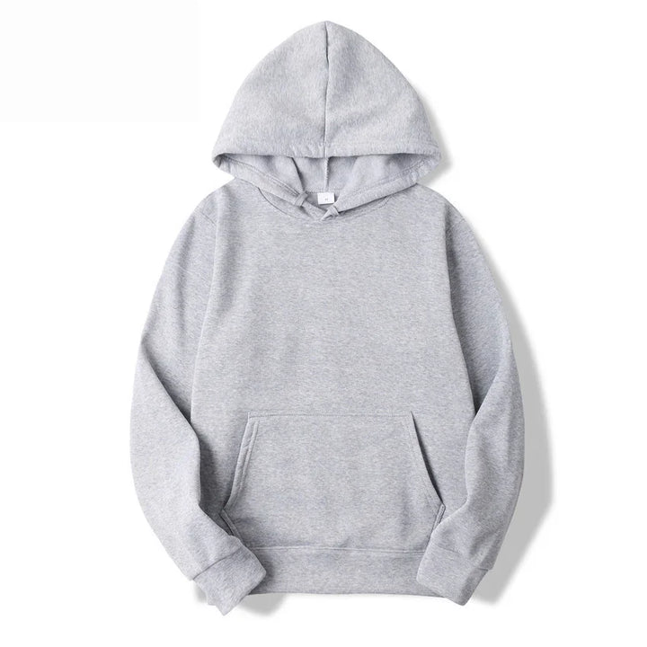 Plain light gray hooded sweatshirt with front pocket and long sleeves on white background