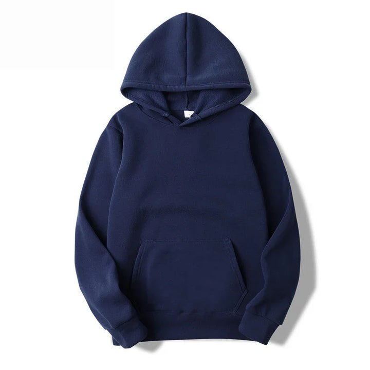 Navy blue hooded sweatshirt with front kangaroo pocket on white background