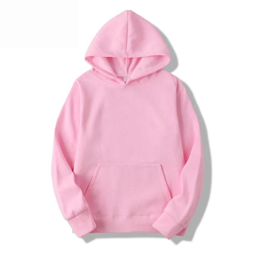 Soft pink hoodie with kangaroo pocket and long sleeves on white background
