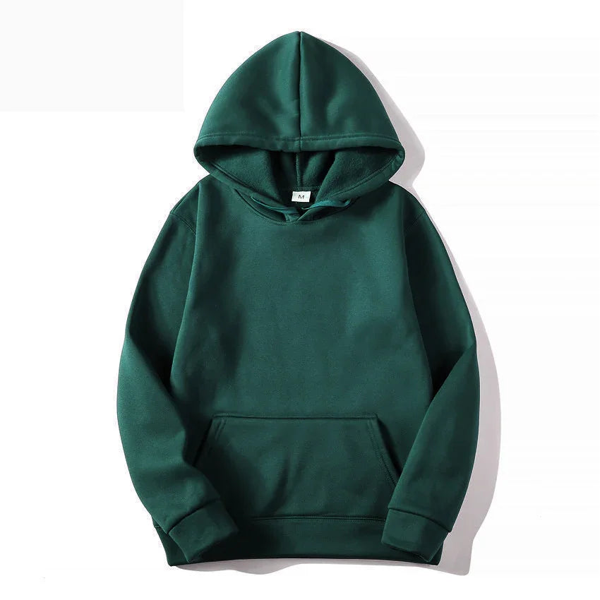 Dark green cozy fleece hoodie with front pocket and drawstring hood laid flat on white background