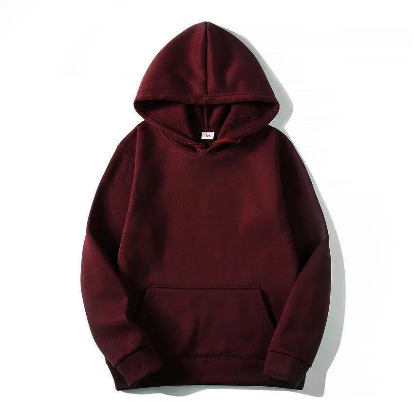 plain maroon fleece hoodie with front pocket and medium size label on white background