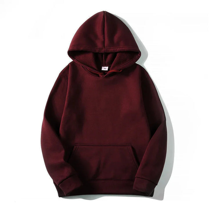 plain maroon fleece hoodie with front pocket and medium size label on white background